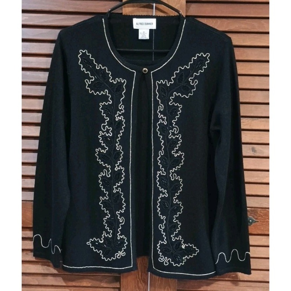 New Alfred Dunner Black Long‎ Sleeve Embellished Bead Layered Sweater Top Medium